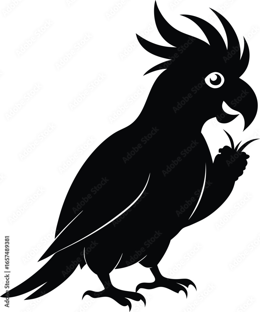 Fototapeta premium Black silhouette of a cockatoo parrot holding food on white background bird black and white
