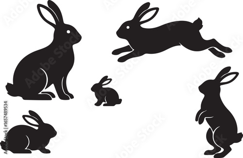 Black rabbit silhouettes in various poses bunny white background