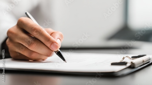 A close-up of a hand holding a pen, poised to write on a sheet of paper in a professional setting.