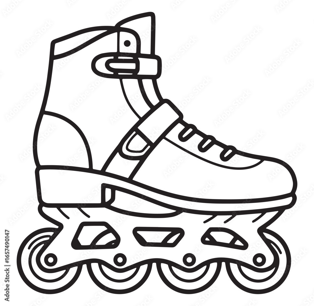 Detailed black and white illustration of a roller skate for sports and outdoor activities Detailed black and white illustration of a roller skate for sports and outdoor activities