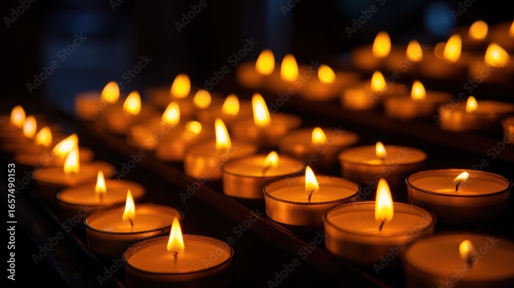 A serene display of glowing candles, creating a warm and tranquil ambiance with flickering flames in a dim setting. A serene display of glowing candles, creating a warm and tranquil ambiance with flickering flames in a dim setting.