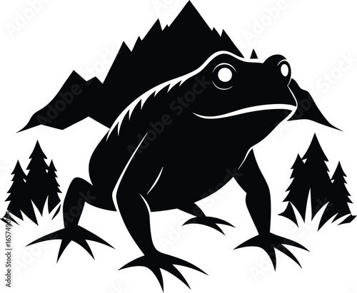 Stylized black silhouette of a frog with mountains and pine trees animal amphibian