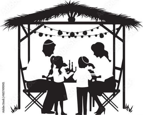 Family celebrating under thatched roof sukkah celebration