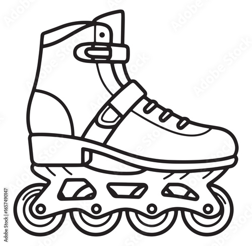 Detailed black and white illustration of a roller skate for sports and outdoor activities