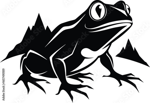 Graphic silhouette of a frog with mountains and trees in the background animal amphibian