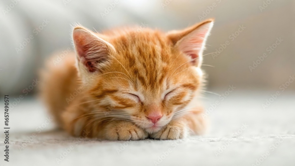 Fototapeta premium Close-up of ginger kitten napping — tiny paws tucked under chin