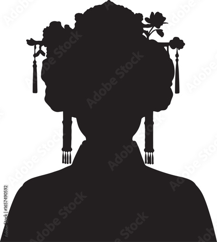 A black silhouette of a woman with elaborate Asian-style hair ornaments, suggesting a geisha or similar 1800s asian fashion woman traditional figure.