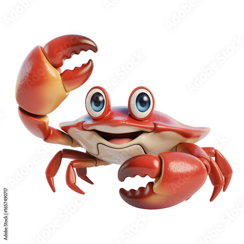 A playful red cartoon crab with large blue eyes and a friendly smile lifts its claw in a happy wave representing ocean life and summer.