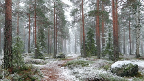 Snowy pine forest path