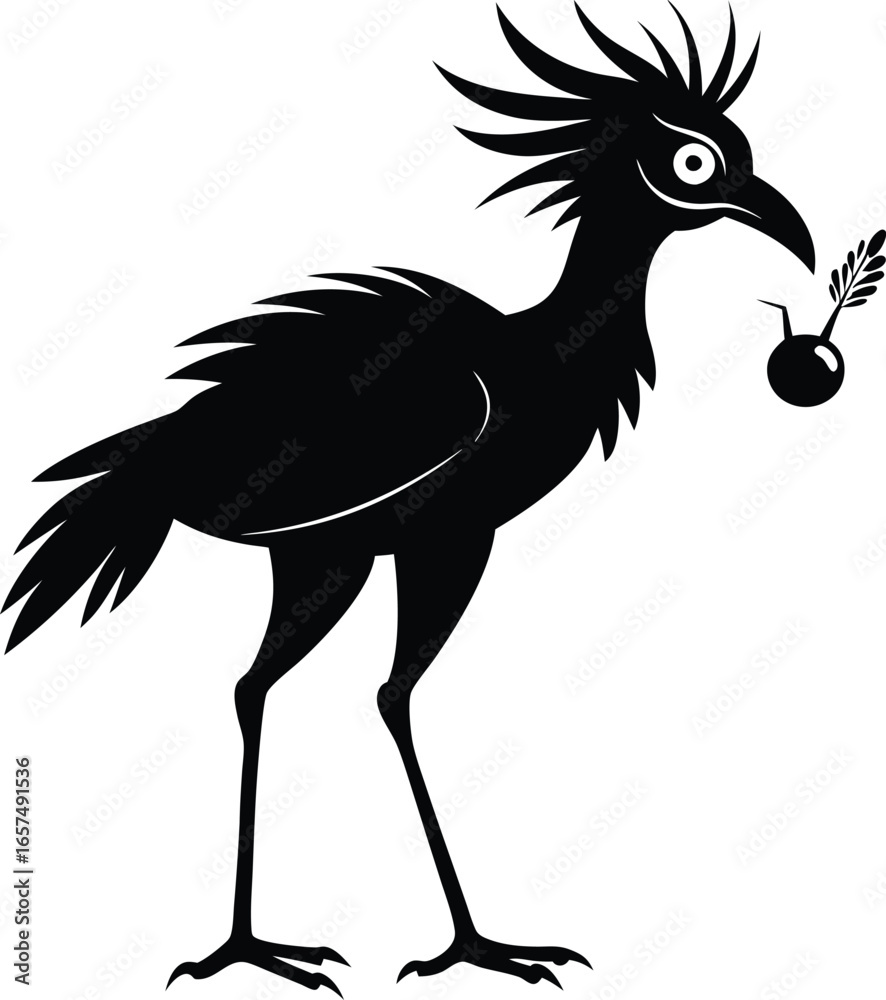 Obraz premium Black silhouette of a prehistoric bird holding a bomb with a fuse ancient