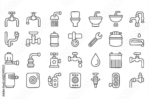 Line Icons of Plumbing Equipment and Fixtures for Home Services