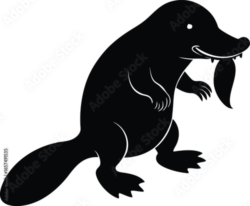 Black silhouette of a platypus with a smiling expression and webbed feet animal black and white