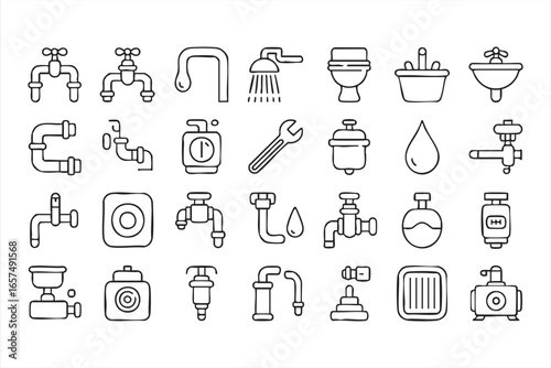 Set of 25 Plumbing and Bathroom Repair Line Icons for Professionals