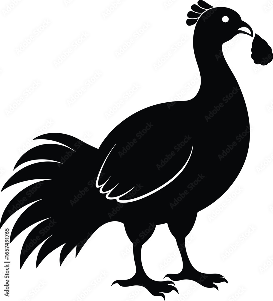 Fototapeta premium Black Silhouette of a Rooster Holding a Piece of Food in its Beak chicken fowl