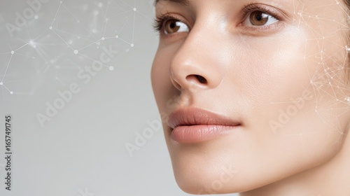 Close-up of a young woman's flawless face enhanced with glowing molecular structures overlaying her skin, captured with soft studio light, symbolizing advanced skincare science and beauty tech.