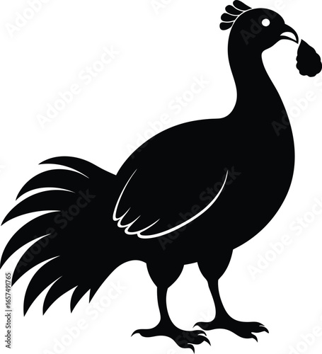 Black Silhouette of a Rooster Holding a Piece of Food in its Beak chicken fowl