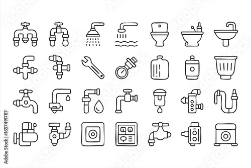 Set of Plumbing and Bathroom Icons for Maintenance and Service