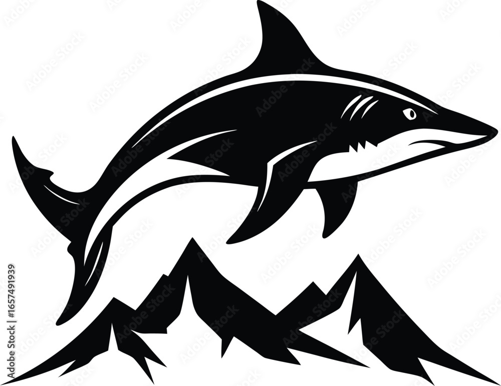 Fototapeta premium Black silhouette of a shark jumping over mountains on a white background vector illustration