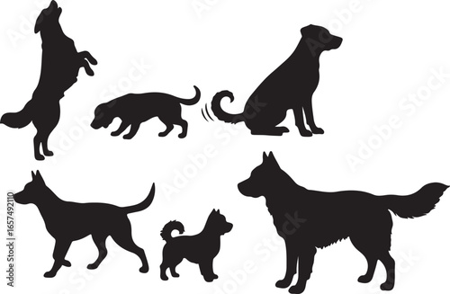 Black dog silhouettes various poses white background