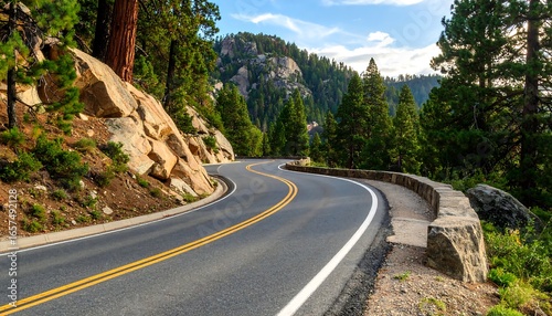 Scenic winding road through a lush mountain landscape offering a serene driving experience of