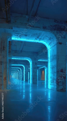Neon-lit, arched concrete tunnel