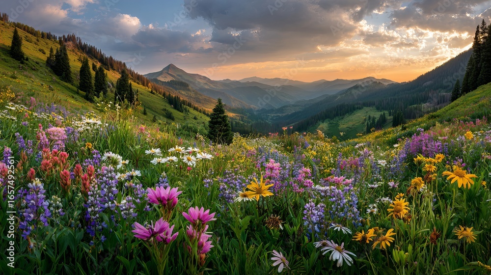 Obraz premium Vibrant mountain meadow bursts with colorful wildflowers under a dramatic sunset sky