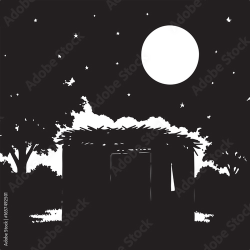 Nighttime scene with moon and stars over a structure
