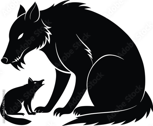 Black silhouette of a large wolf and a small wolf cub on a white background wolves canine