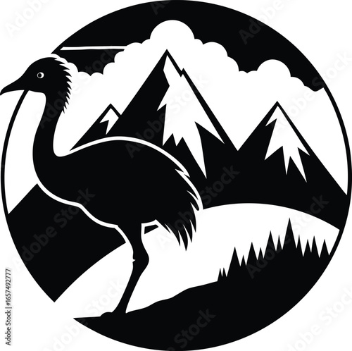 Silhouette of an Emu Standing Against Snowy Mountains and Clouds in a Circle ostrich bird