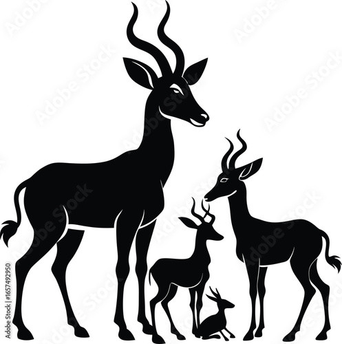 Silhouette of a family of antelopes with curved horns on a white background gazelle wildlife
