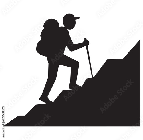 Silhouette of a hiker ascending a mountain slope symbolizing challenge and perseverance