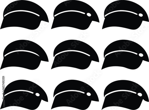 Nine Black Silhouette Baseball Caps Arranged in a Grid Pattern headwear sports cap