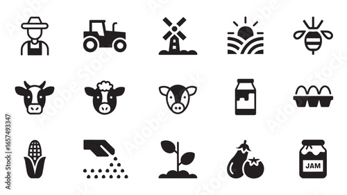 Agricultural Icons Collection Representing Farm Life Crops and Livestock in Simple Graphic Style