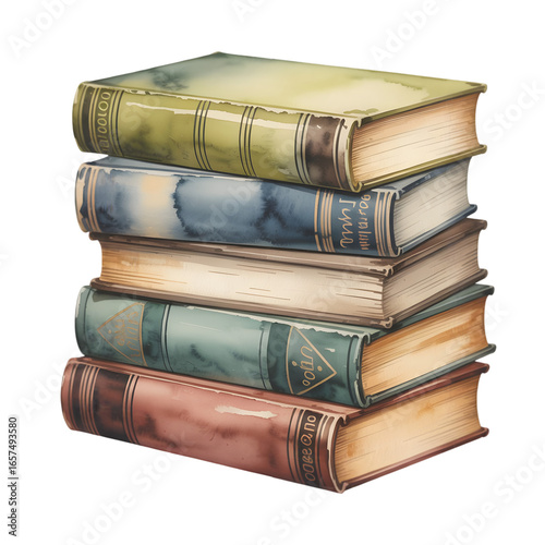 A charming watercolor illustration depicting a tall well stacked pile of antique vintage old books for study education and knowledge library themes