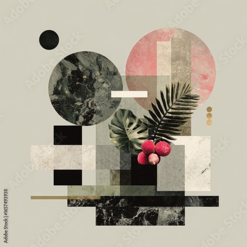 Abstract art with circles, squares, and a tropical leaf, in muted colors