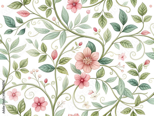 Delicate pink blossoms and green foliage on swirling vines floral botanical
