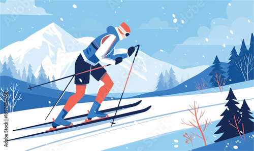 Alpine Ascent: A skier gracefully navigates a snowy, mountainous landscape. The crisp, stylized artwork depicts an active winter scene. 