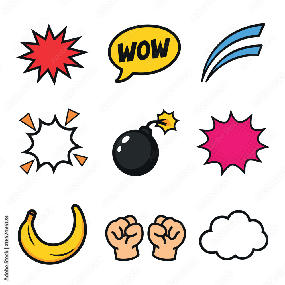 Obraz premium Comic pop art icons explosion bomb wow speech bubble