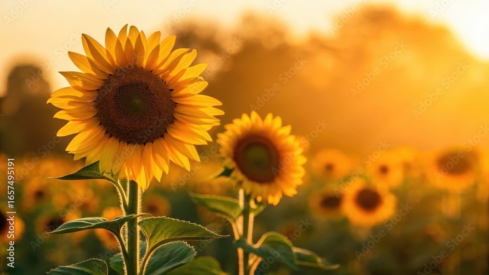 Fototapeta premium Young sunflowers stretching toward the sun — capturing warmth and natural beauty