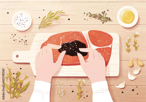 Culinary Artistry: Close-up shot of hands carefully preparing a succulent cut of raw meat, expertly applying a generous helping of spice, surrounded by fresh herbs and seasonings.