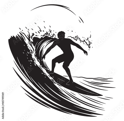 Surfer riding a wave vector illustration black and white silhouette art design