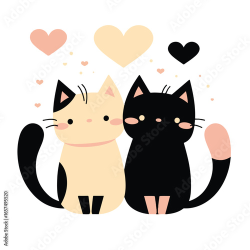 Cute Cat's Lovely Moments: Two adorable cartoon cats are snuggled together, surrounded by hearts and love in a minimalist illustration. Evoking feelings of companionship and affection