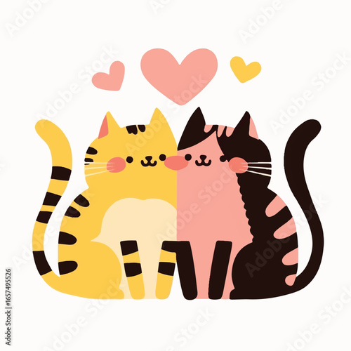 Sweetheart Felines: Two adorable cat, their hearts intertwined, sharing an embrace that speaks volumes of love and companionship. The vibrant colors and playful design create an atmosphere of pure.