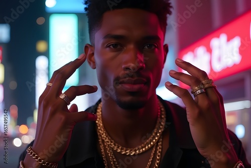 A man wearing a layered gold chain and rings under neon city lights.
