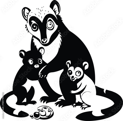 Black and White Illustration of a Lemur Family with Two Cubs and Food mother baby