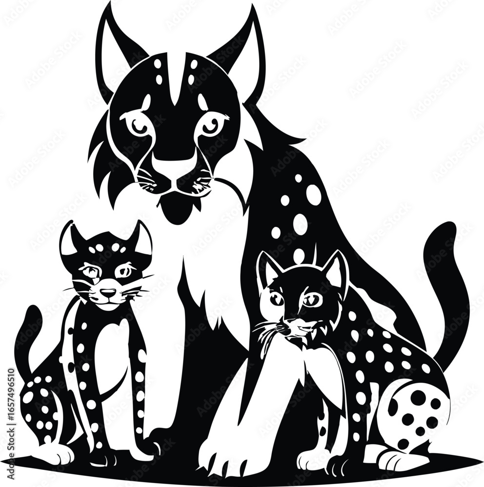 Fototapeta premium Black silhouette of a mother lynx with two kittens on a white background bobcat family