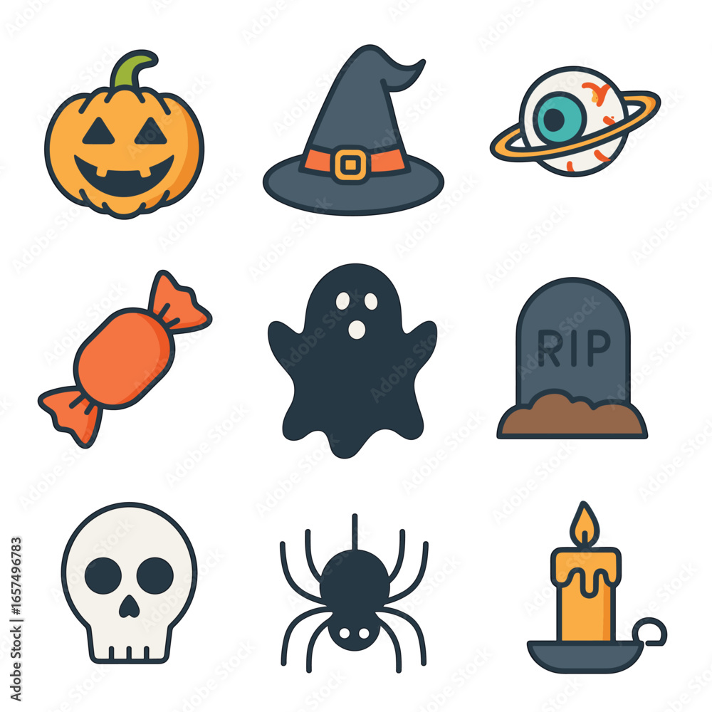 Fototapeta premium Halloween spooky icons pumpkin ghost skull spider witch hat