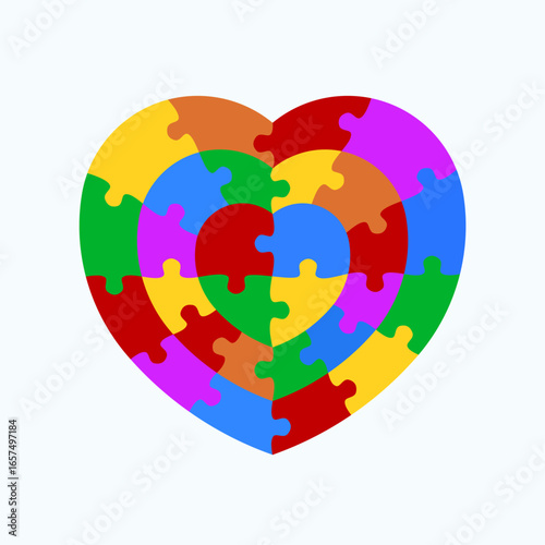 Heart concentric jigsaw puzzle concept design. Colorful vector isolated on white background.
