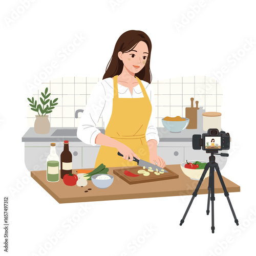 A woman in a yellow apron is chopping vegetables on a wooden countertop in a kitchen. She’s focused on her task while a camera on a tripod records the process.