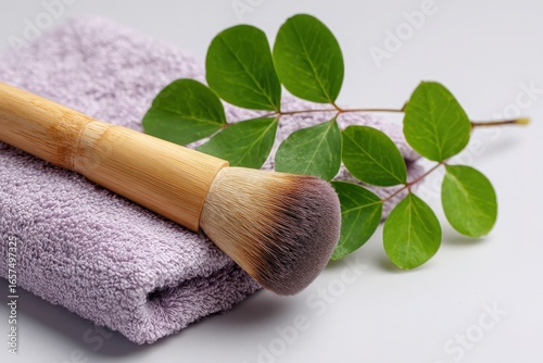 A light purple towel rests beneath a natural bamboo makeup brush with a dark brown bristle head, alongside fresh green leaves.